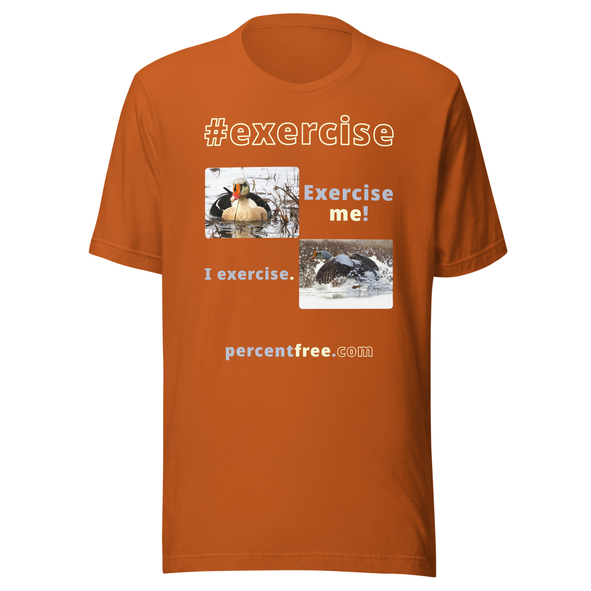 Exercise me! - king eider floating - I exercise. - king eider taking off - unisex freedom T-shirt 