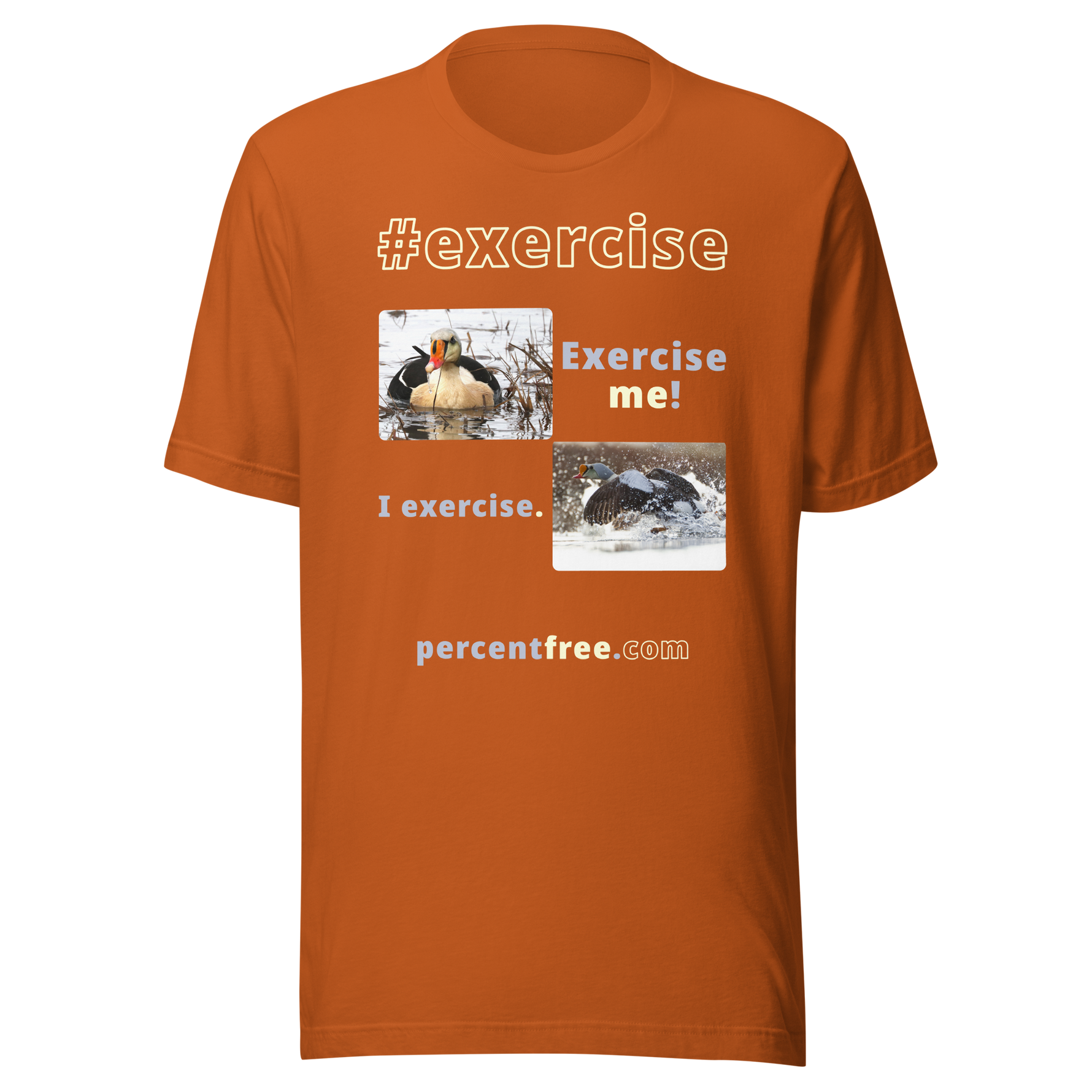 Exercise me! - king eider floating - I exercise. - king eider taking off - unisex freedom T-shirt 