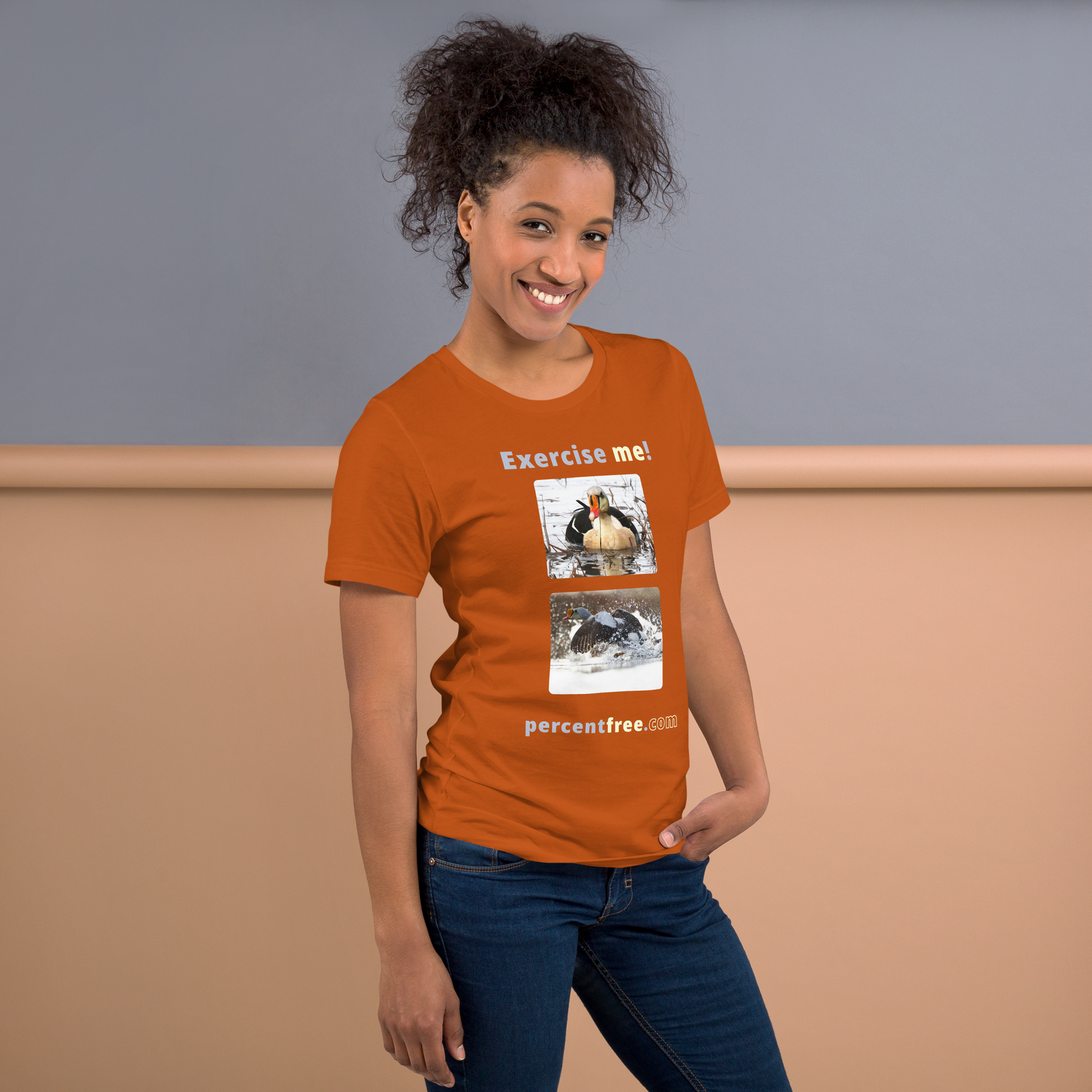 Exercise me! - king eider floating - king eider taking off - unisex freedom T-shirt 