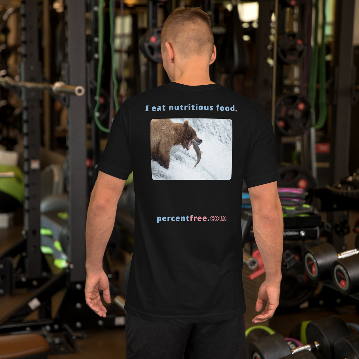 Unisex Front-and-Back Healthy Food T-shirt - I eat nutritious food. - bear trying to catch a salmon 