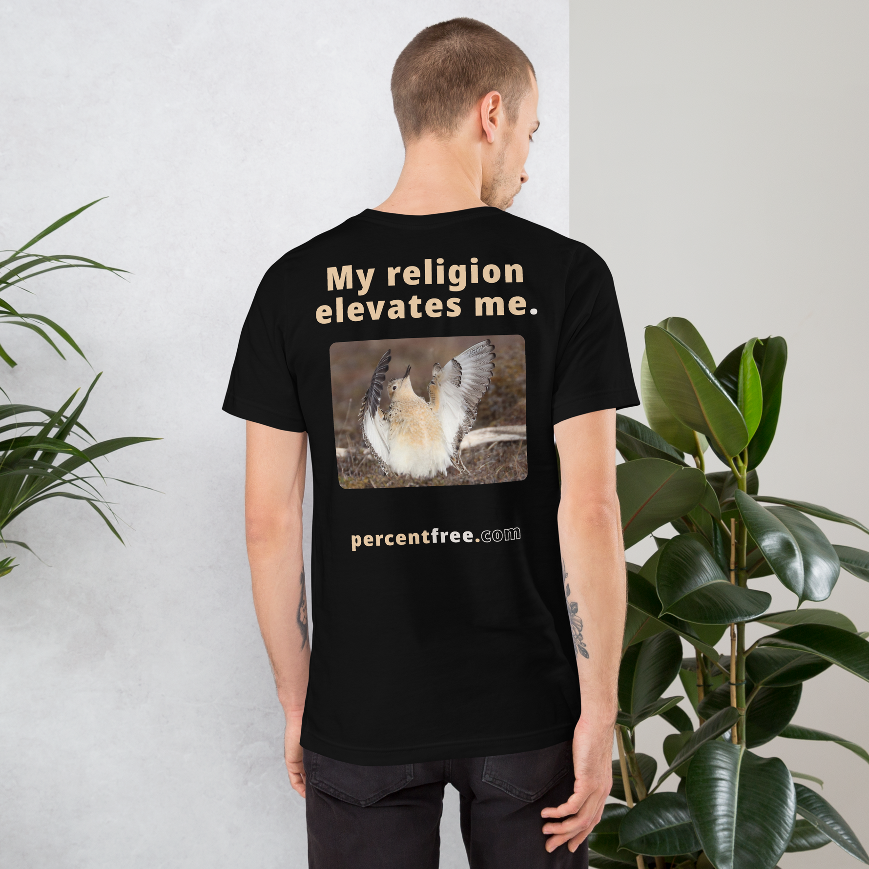 Unisex Front-and-Back Faith T-shirt - My religion elevates me. - buff-breasted sandpiper 