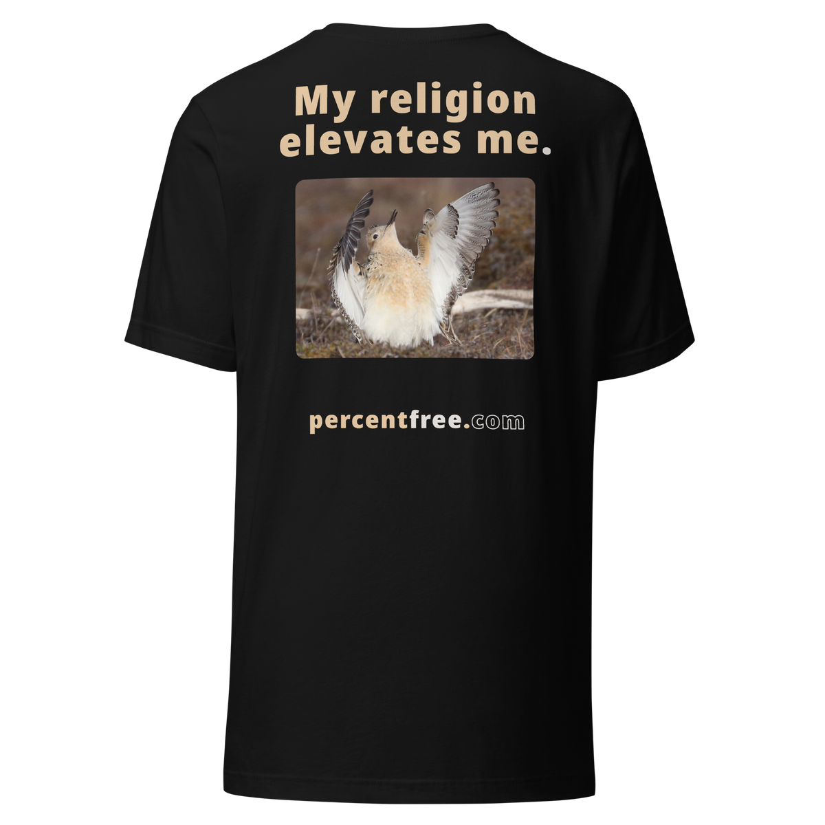 Unisex Front-and-Back Faith T-shirt - My religion elevates me. - buff-breasted sandpiper 