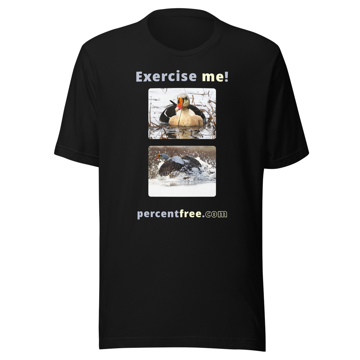 Exercise me! - king eider floating - king eider taking off - unisex freedom T-shirt 