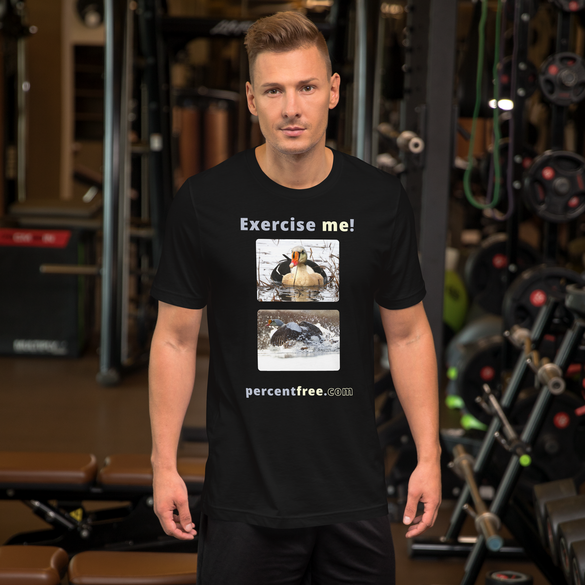Exercise me! - king eider floating - king eider taking off - unisex freedom T-shirt 