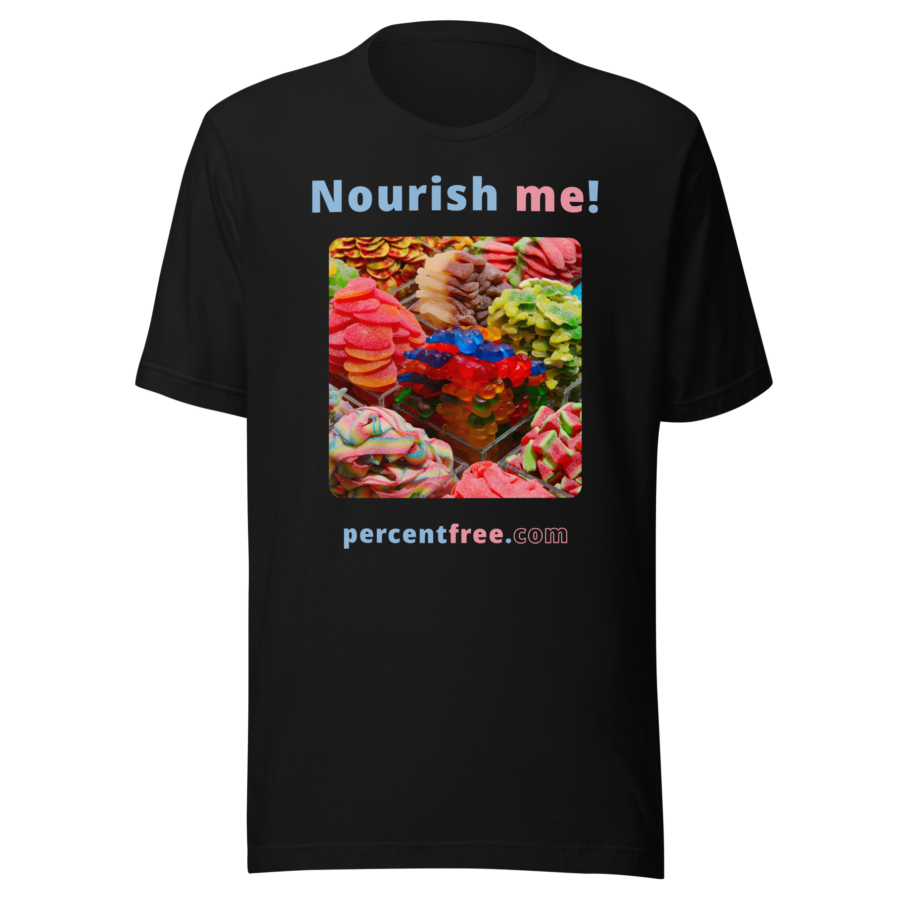Unisex Front-and-Back Healthy Food T-shirt - Nourish me! - gummy bears 