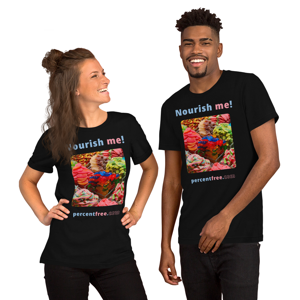 Unisex Front-and-Back Healthy Food T-shirt - Nourish me! - gummy bears 