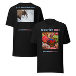 Unisex Front-and-Back Healthy Food T-shirt - Nourish me! - gummy bears - I eat nutritious food. - bear trying to catch a salmon 