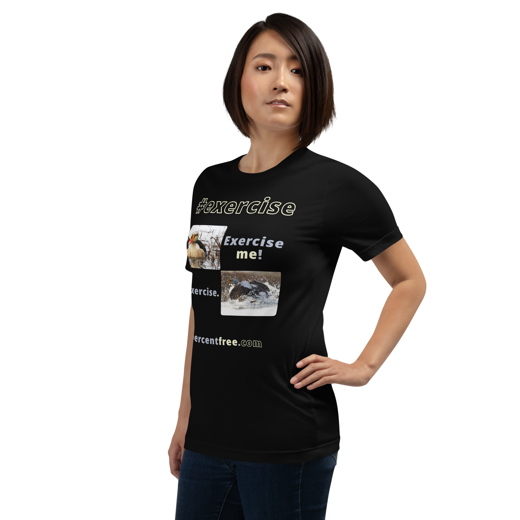 Exercise me! - king eider floating - I exercise. - king eider taking off - unisex freedom T-shirt 