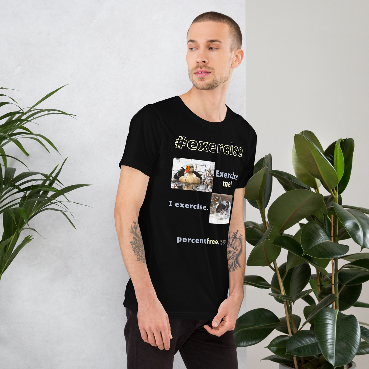 Exercise me! - king eider floating - I exercise. - king eider taking off - unisex freedom T-shirt 