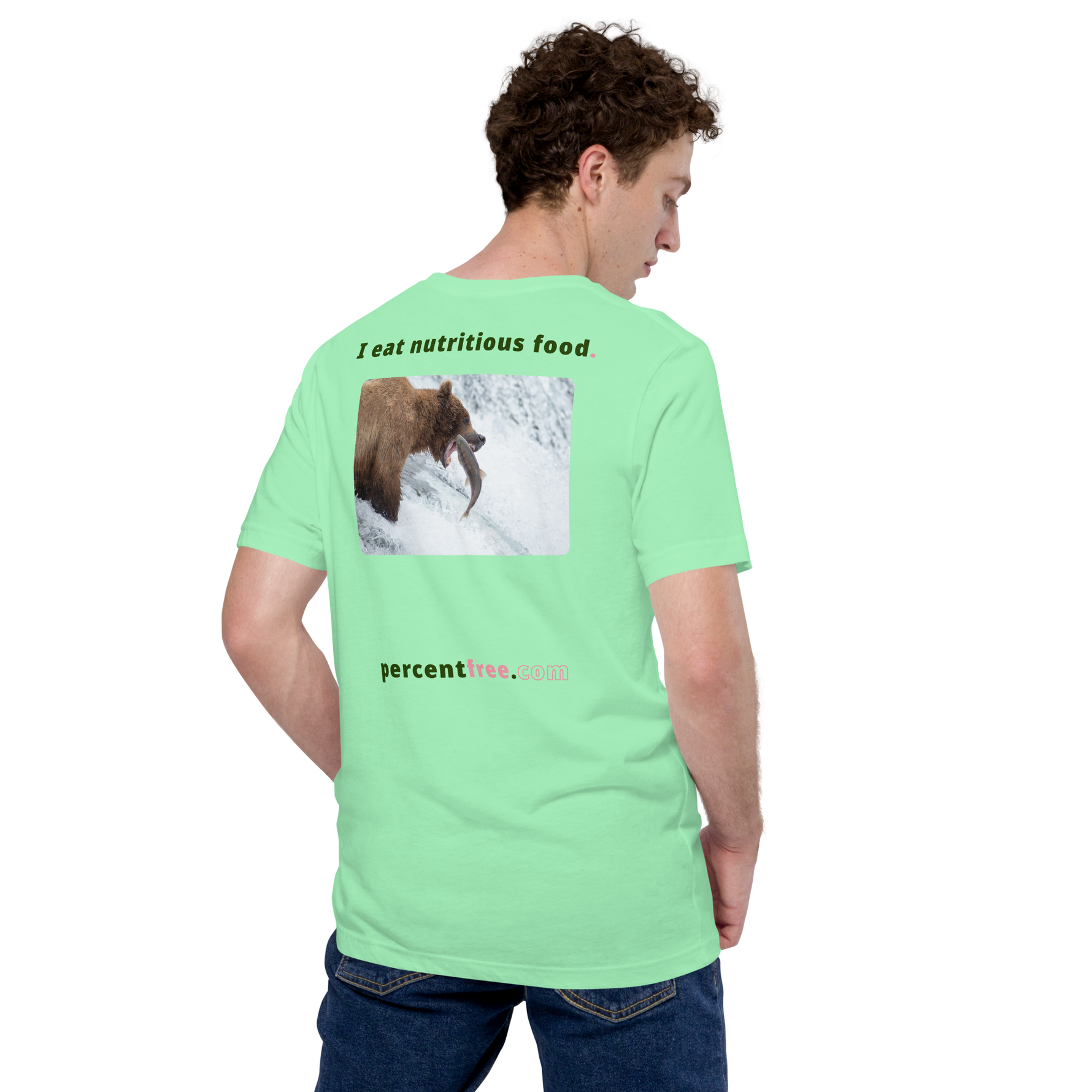 Unisex Front-and-Back Healthy Food T-shirt - I eat nutritious food. - bear trying to catch a salmon 