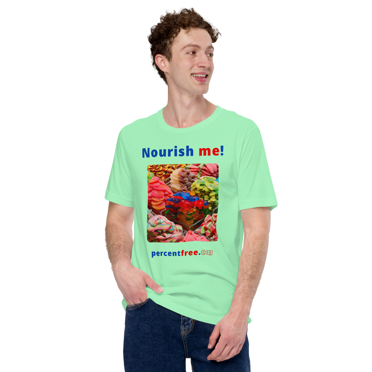 Unisex Front-and-Back Healthy Food T-shirt - Nourish me! - gummy bears 