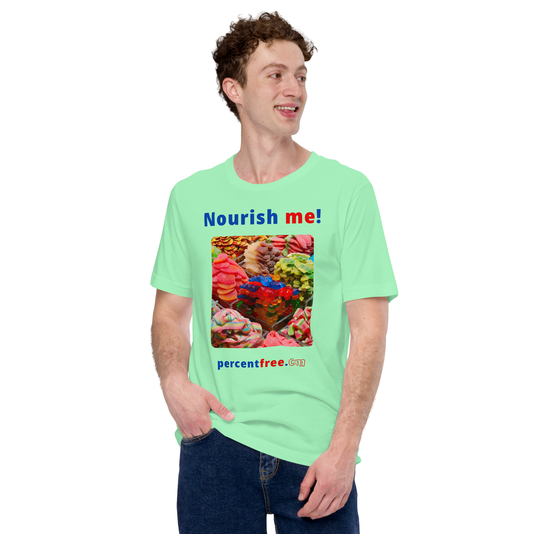 Unisex Front-and-Back Healthy Food T-shirt - Nourish me! - gummy bears 