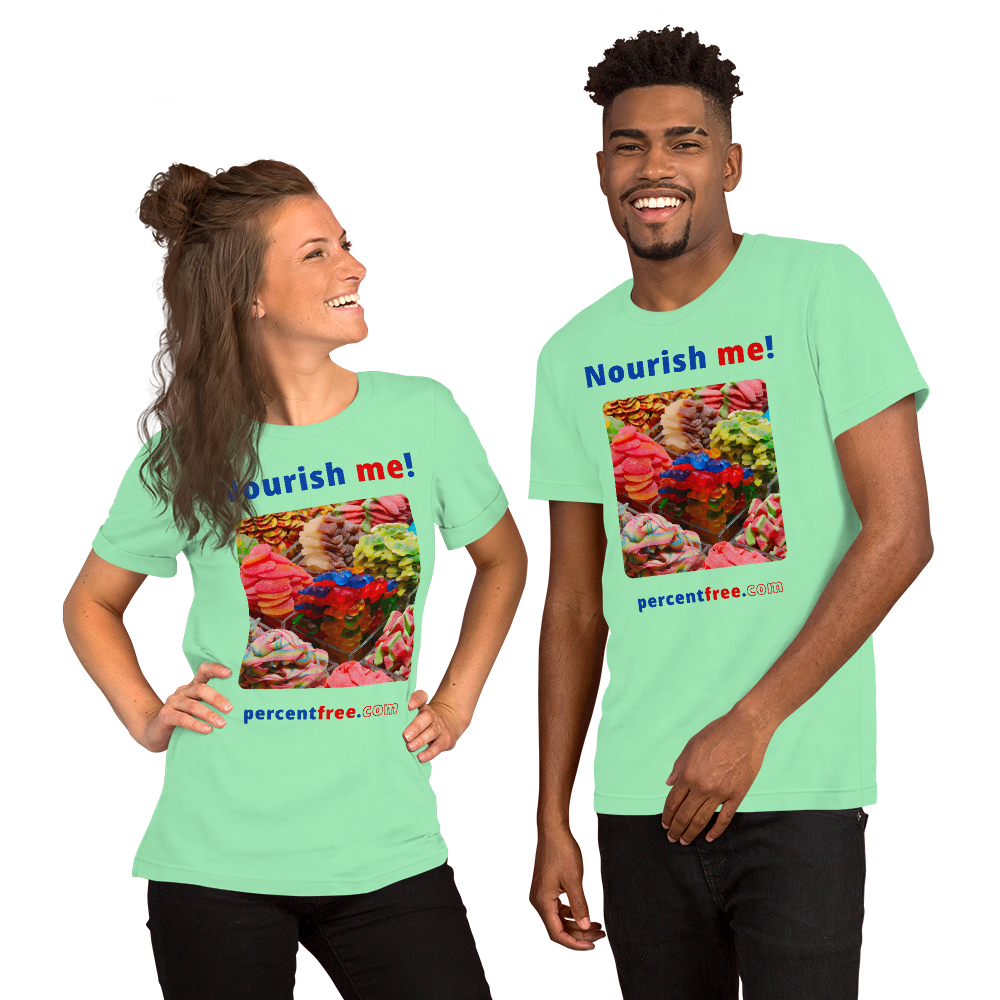 Unisex Front-and-Back Healthy Food T-shirt - Nourish me! - gummy bears 