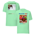 Unisex Front-and-Back Healthy Food T-shirt - Nourish me! - gummy bears - I eat nutritious food. - bear trying to catch a salmon 