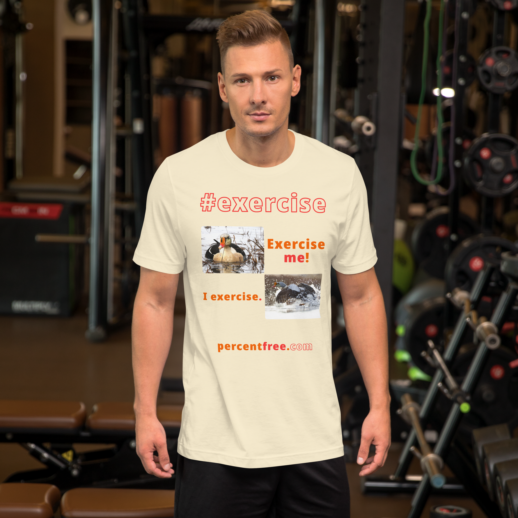 Exercise me! - king eider floating - I exercise. - king eider taking off - unisex freedom T-shirt 