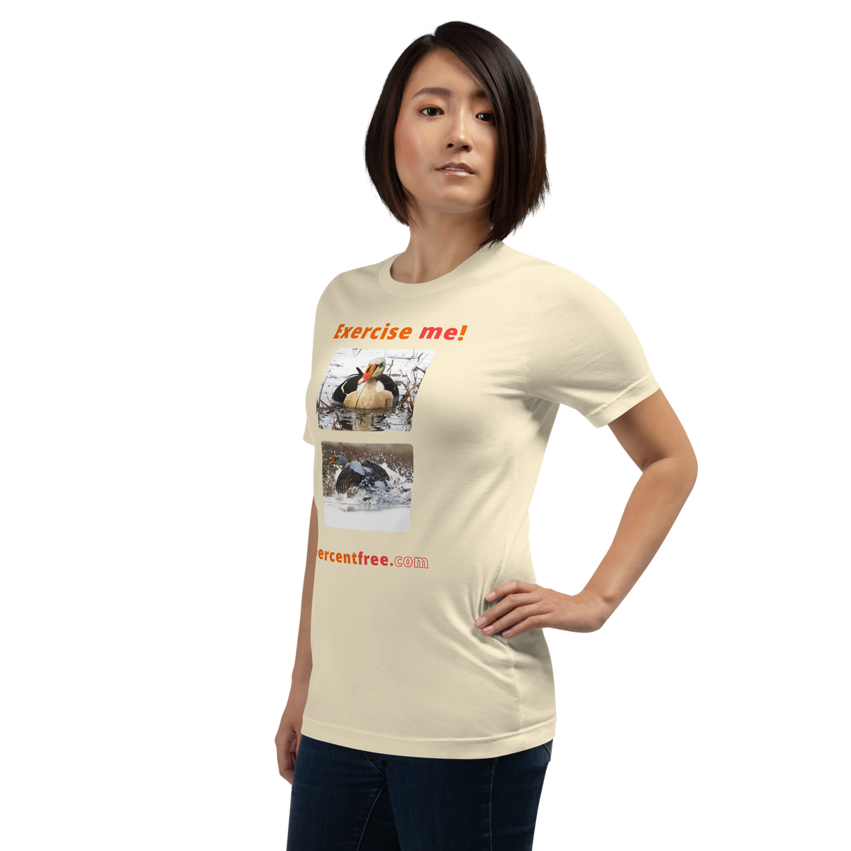 Exercise me! - king eider floating - king eider taking off - unisex freedom T-shirt 