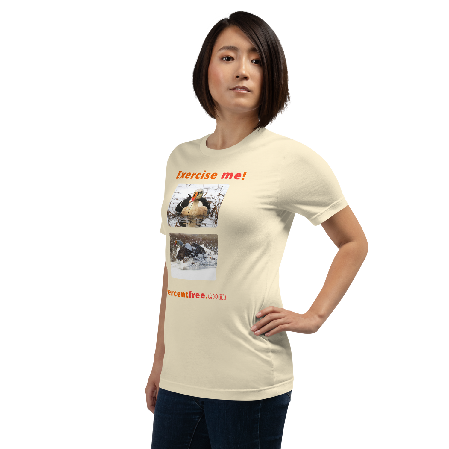 Exercise me! - king eider floating - king eider taking off - unisex freedom T-shirt 