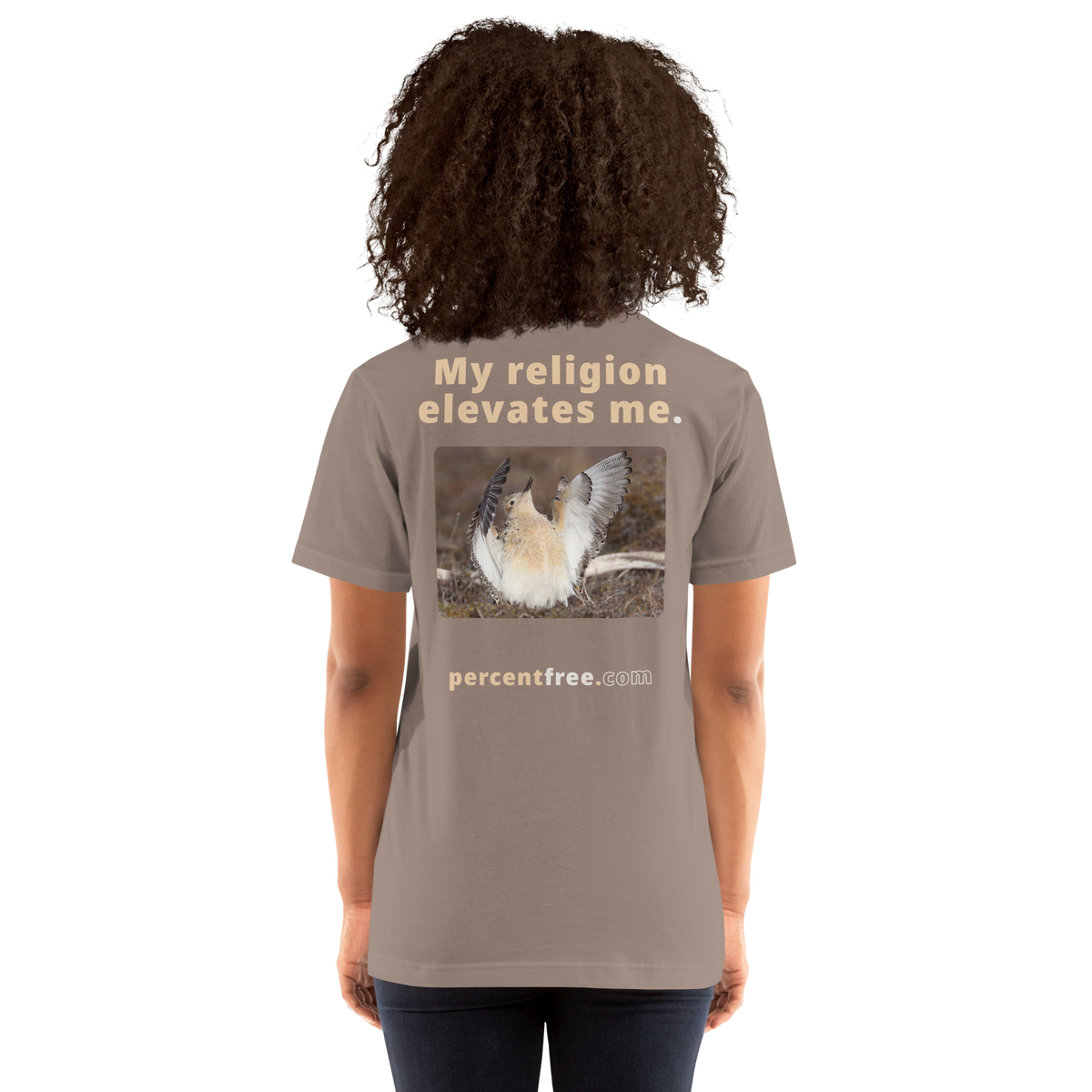 Unisex Front-and-Back Faith T-shirt - My religion elevates me. - buff-breasted sandpiper 