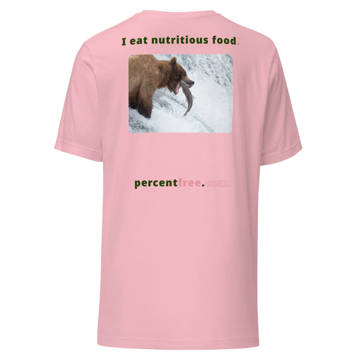 Unisex Front-and-Back Healthy Food T-shirt - I eat nutritious food. - bear trying to catch a salmon 