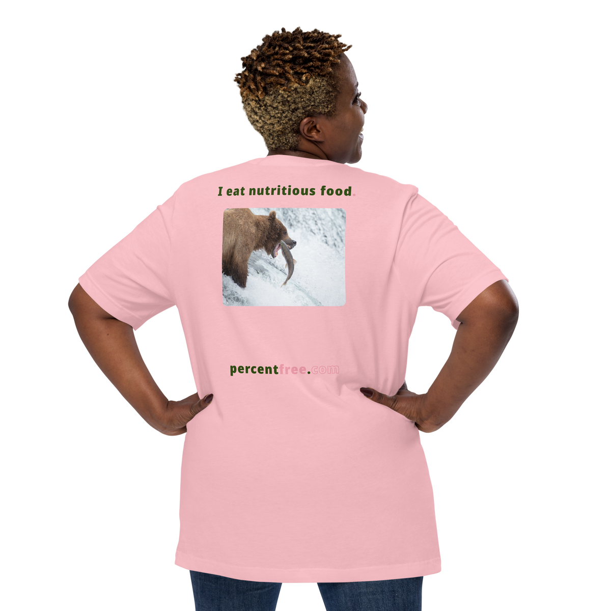Unisex Front-and-Back Healthy Food T-shirt - I eat nutritious food. - bear trying to catch a salmon 
