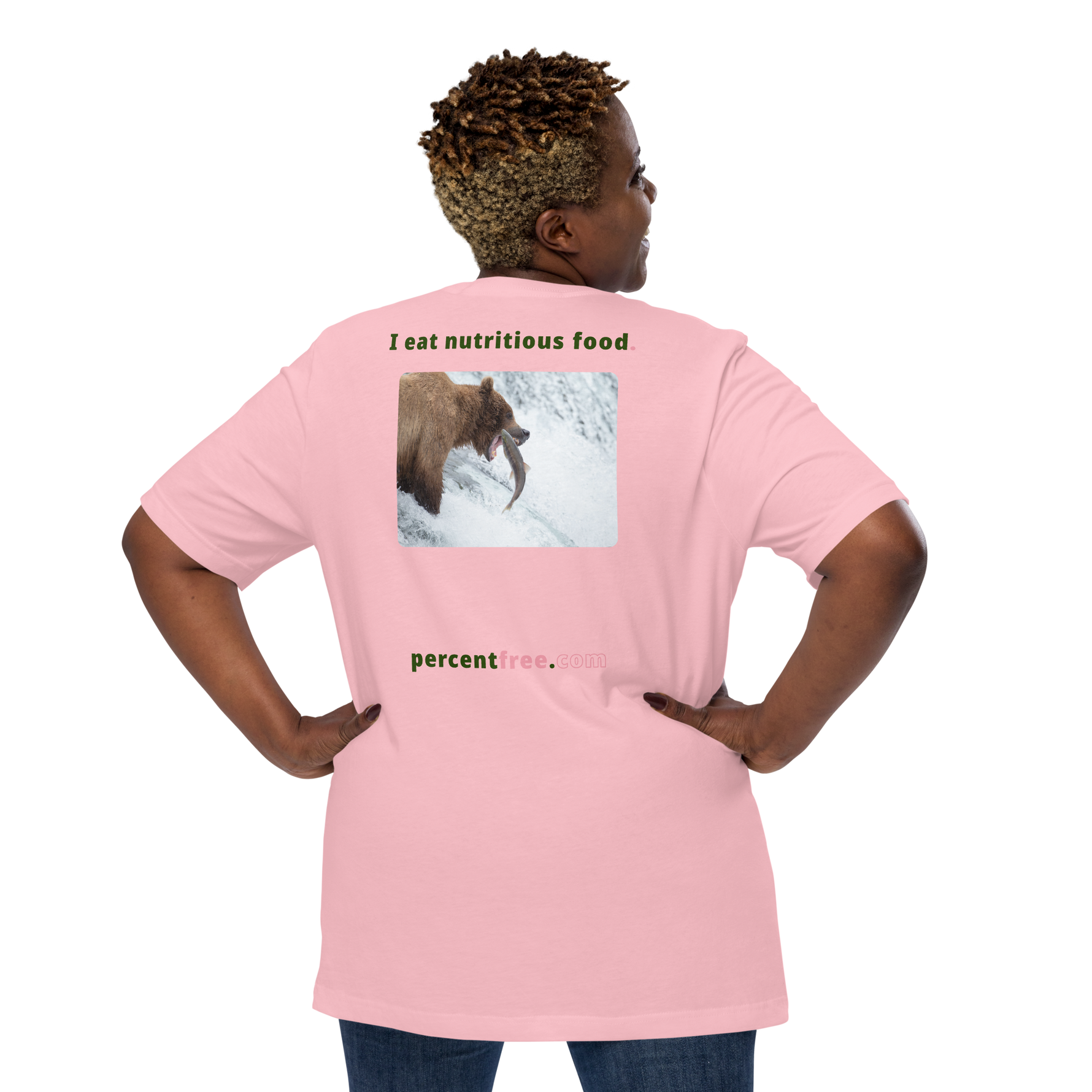 Unisex Front-and-Back Healthy Food T-shirt - I eat nutritious food. - bear trying to catch a salmon 