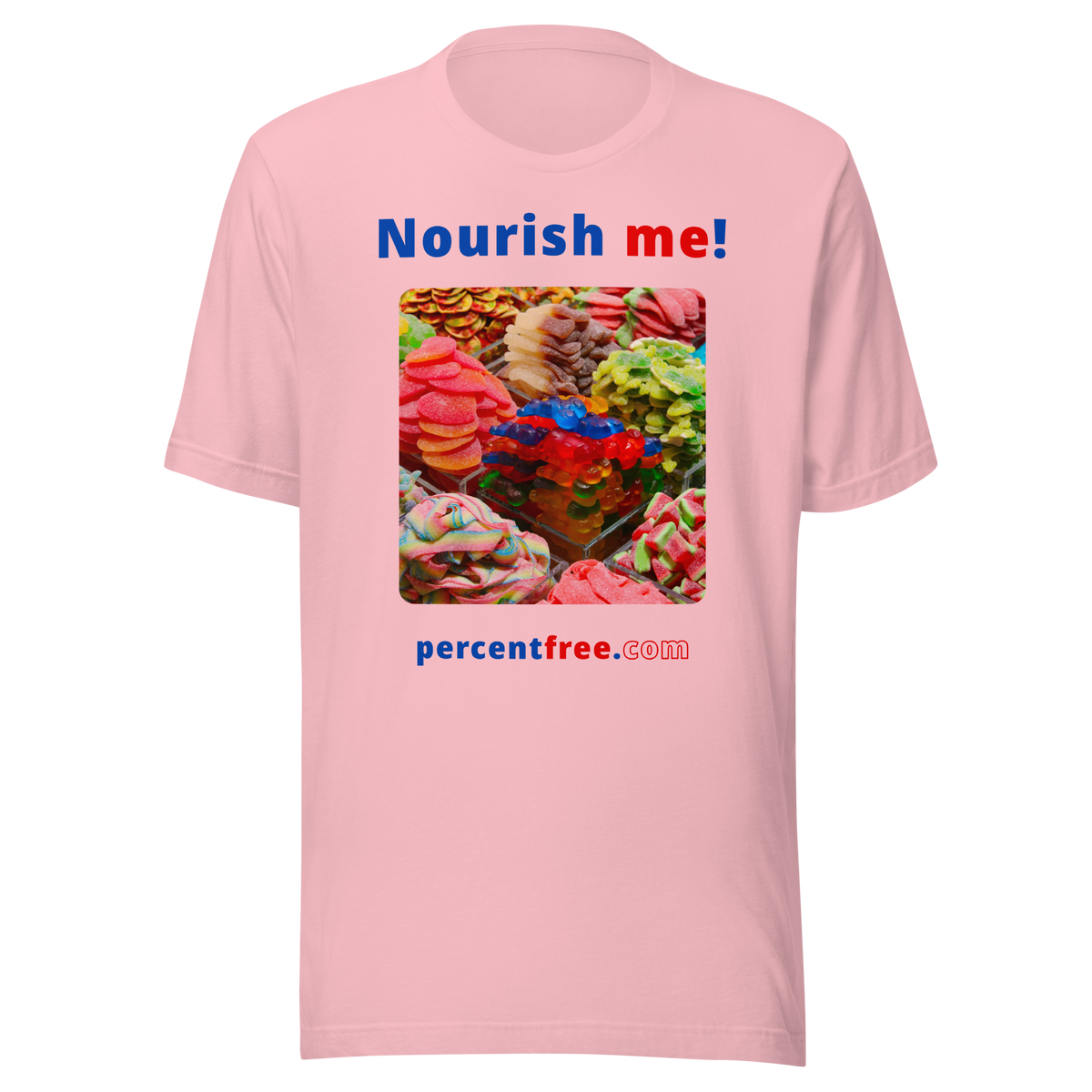 Unisex Front-and-Back Healthy Food T-shirt - Nourish me! - gummy bears 