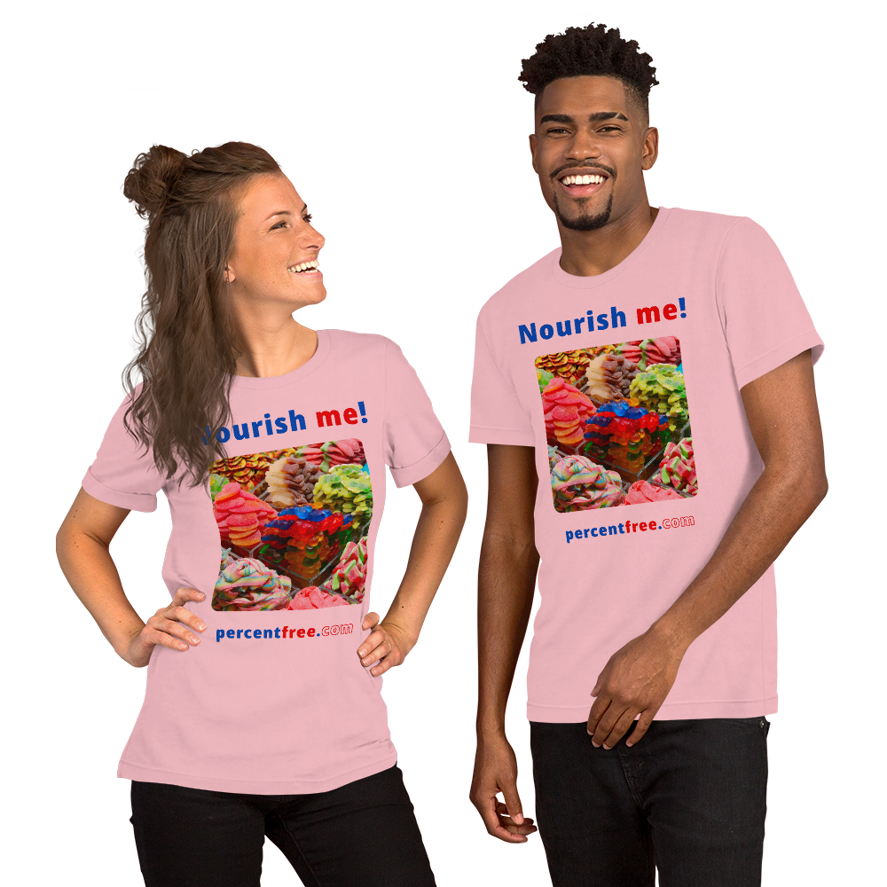 Unisex Front-and-Back Healthy Food T-shirt - Nourish me! - gummy bears 