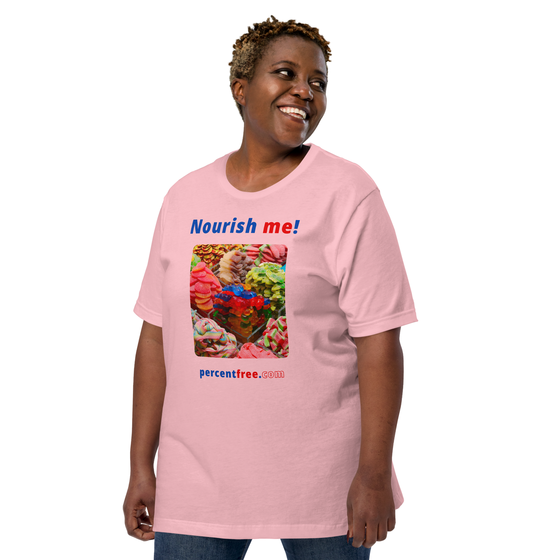 Unisex Front-and-Back Healthy Food T-shirt - Nourish me! - gummy bears 