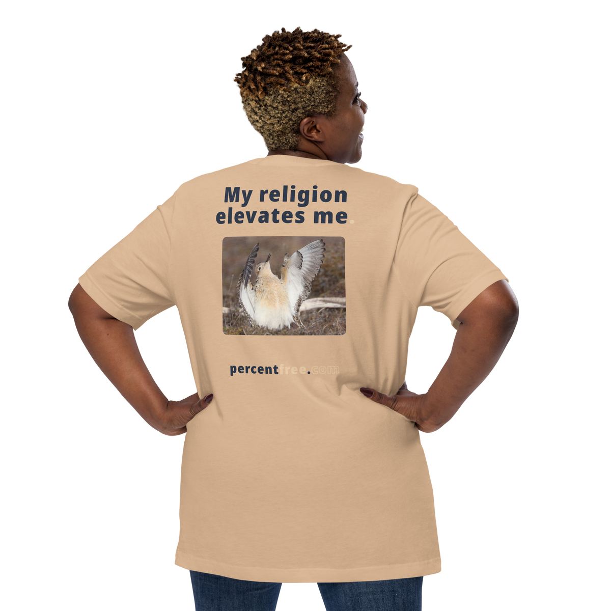 Unisex Front-and-Back Faith T-shirt - My religion elevates me. - buff-breasted sandpiper 