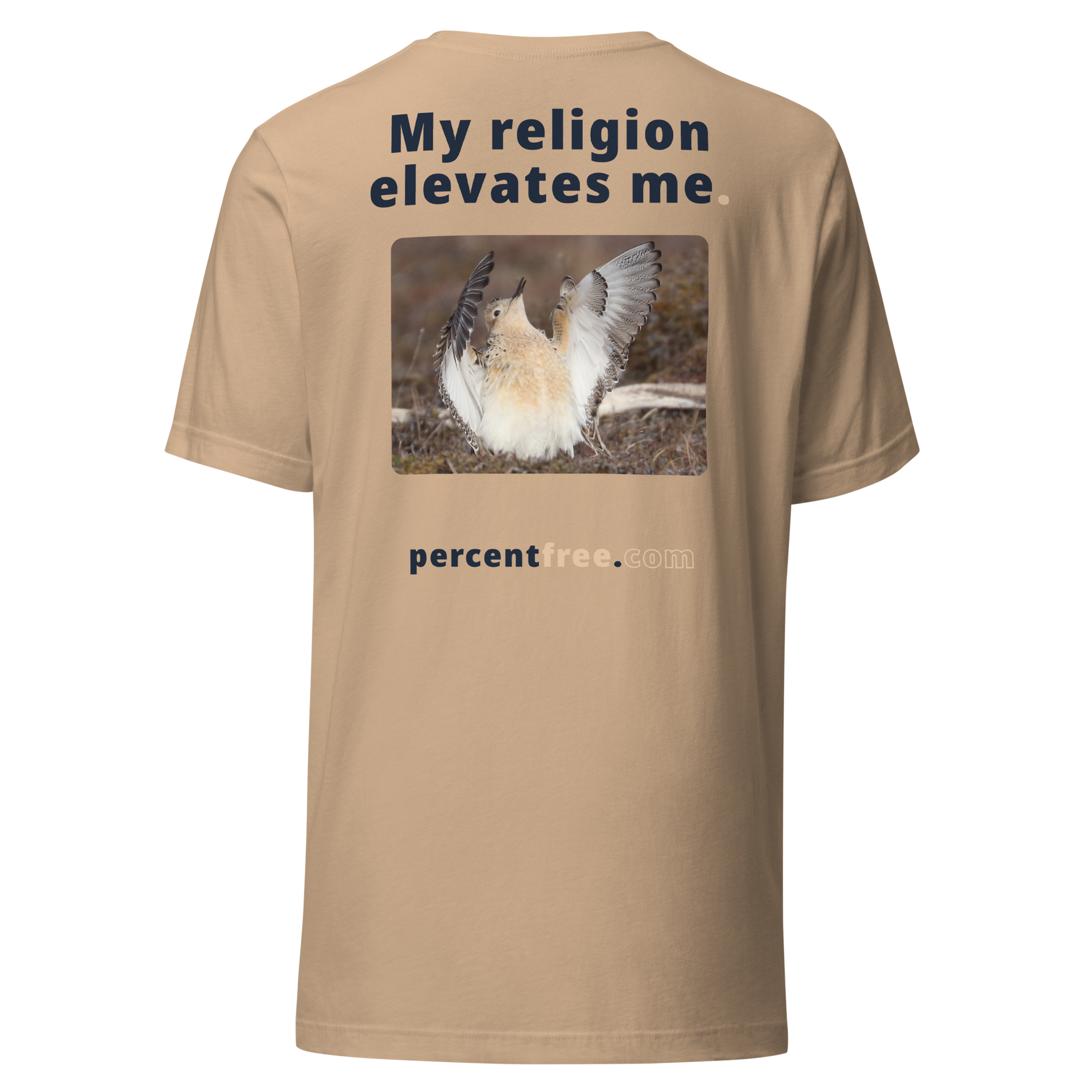 Unisex Front-and-Back Faith T-shirt - My religion elevates me. - buff-breasted sandpiper 