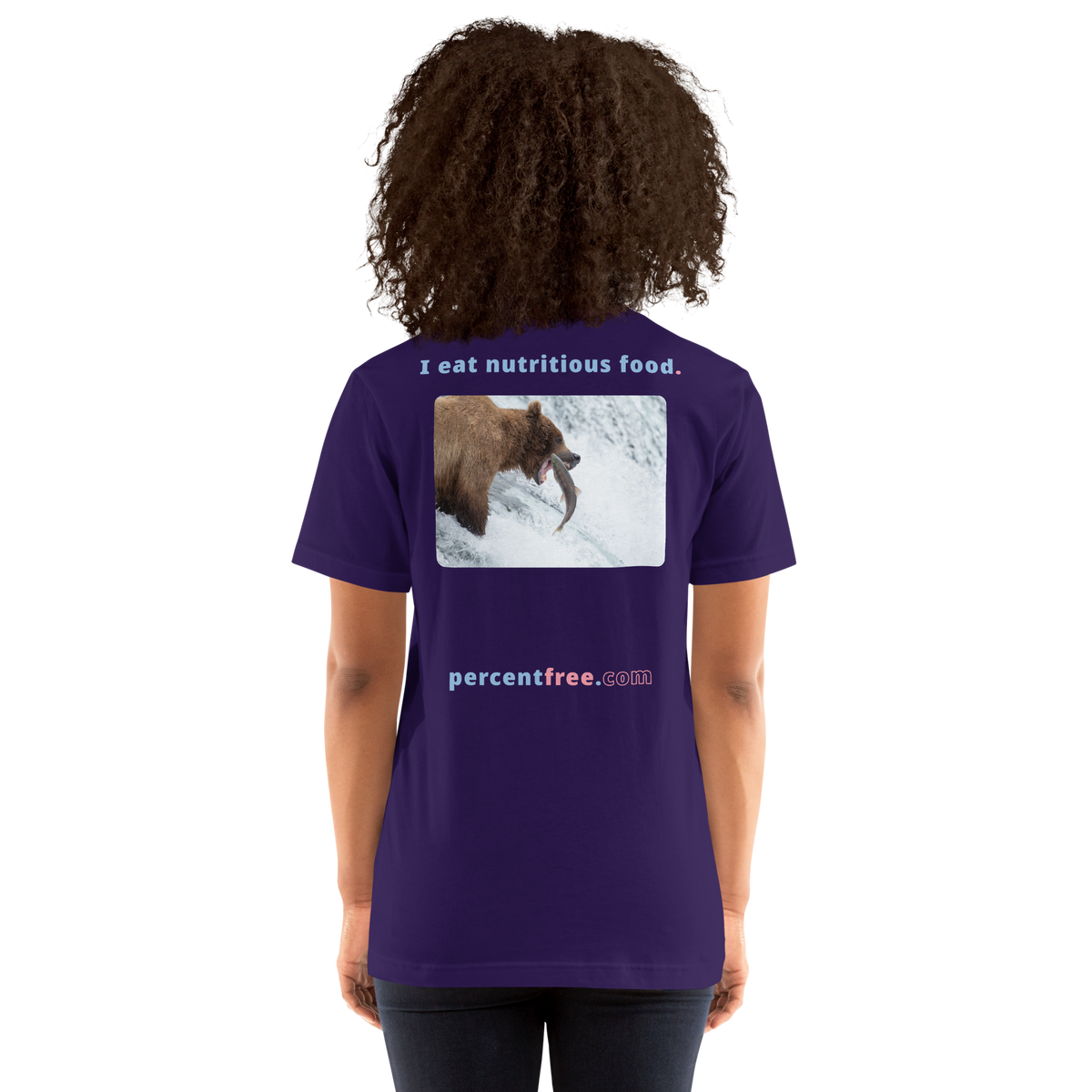 Unisex Front-and-Back Healthy Food T-shirt - I eat nutritious food. - bear trying to catch a salmon 
