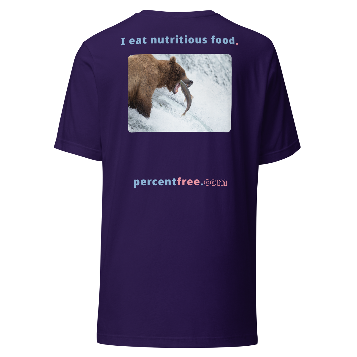 Unisex Front-and-Back Healthy Food T-shirt - I eat nutritious food. - bear trying to catch a salmon 