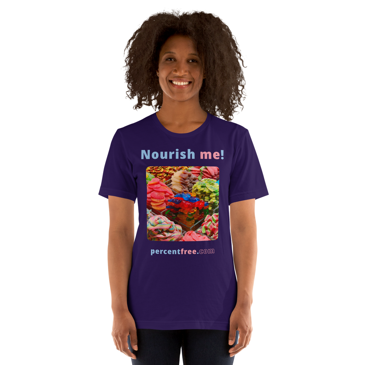 Unisex Front-and-Back Healthy Food T-shirt - Nourish me! - gummy bears 