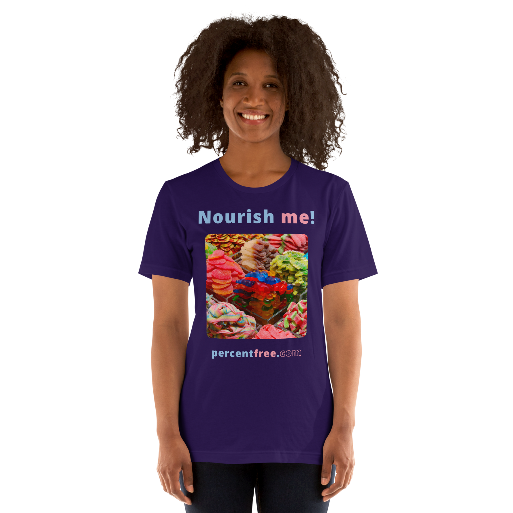 Unisex Front-and-Back Healthy Food T-shirt - Nourish me! - gummy bears 