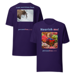 Unisex Front-and-Back Healthy Food T-shirt - Nourish me! - gummy bears - I eat nutritious food. - bear trying to catch a salmon 