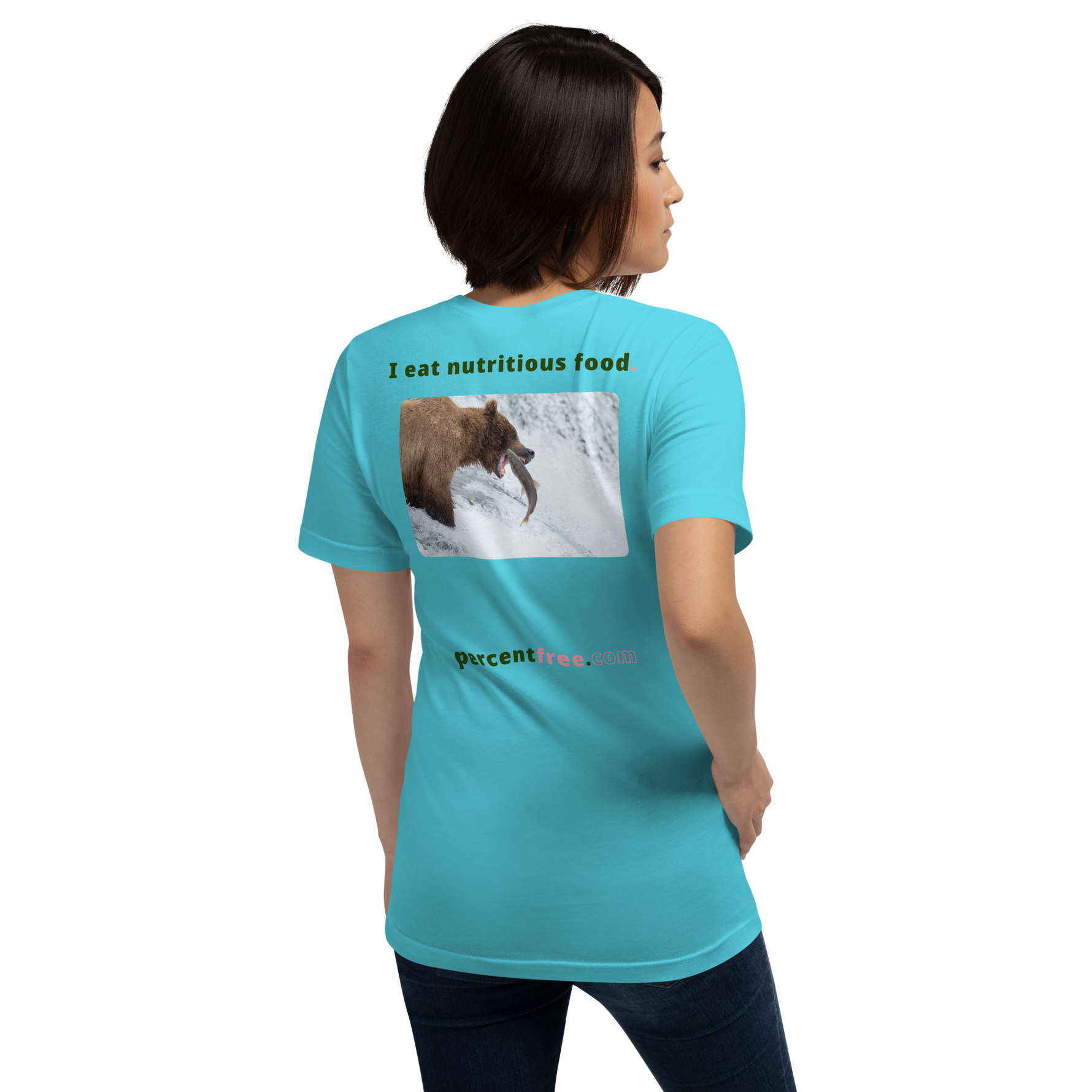 Unisex Front-and-Back Healthy Food T-shirt - I eat nutritious food. - bear trying to catch a salmon 