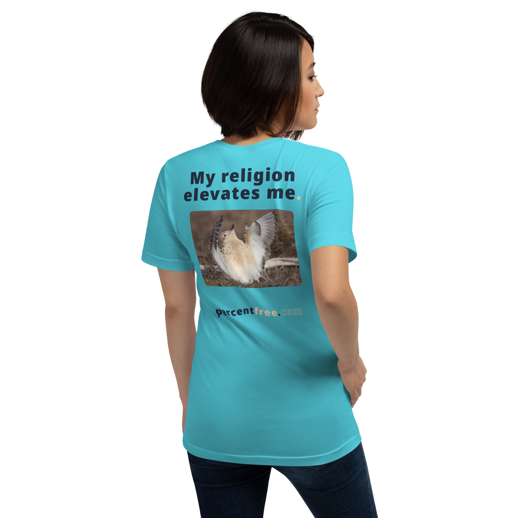 Unisex Front-and-Back Faith T-shirt - My religion elevates me. - buff-breasted sandpiper 