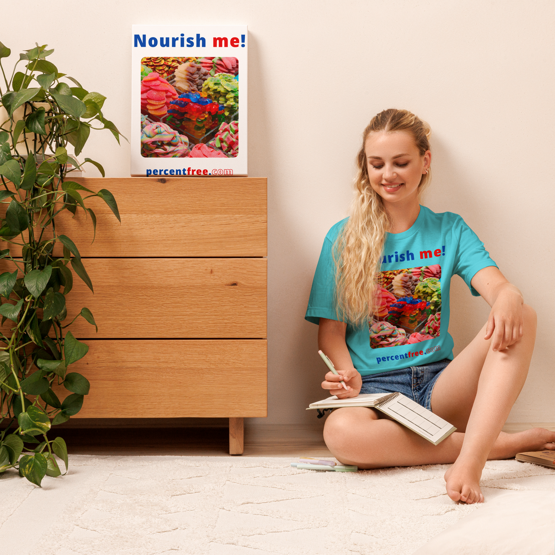 Unisex Front-and-Back Healthy Food T-shirt - Nourish me! - gummy bears 
