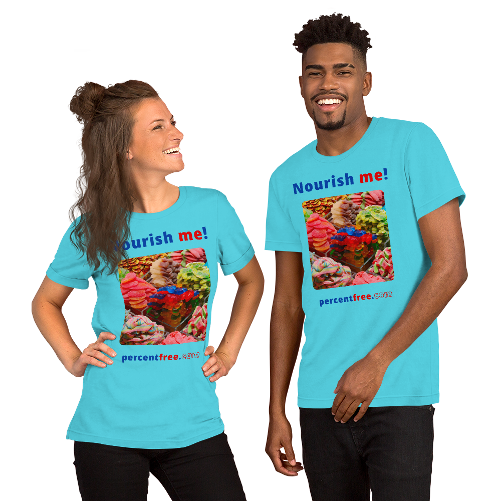 Unisex Front-and-Back Healthy Food T-shirt - Nourish me! - gummy bears 