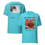 Unisex Front-and-Back Healthy Food T-shirt - Nourish me! - gummy bears - I eat nutritious food. - bear trying to catch a salmon 