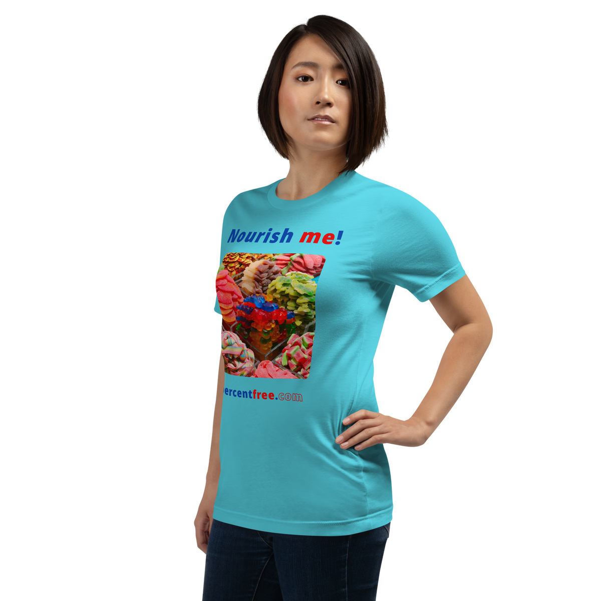 Unisex Front-and-Back Healthy Food T-shirt - Nourish me! - gummy bears 