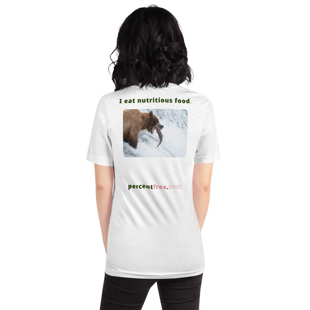 Unisex Front-and-Back Healthy Food T-shirt - I eat nutritious food. - bear trying to catch a salmon 
