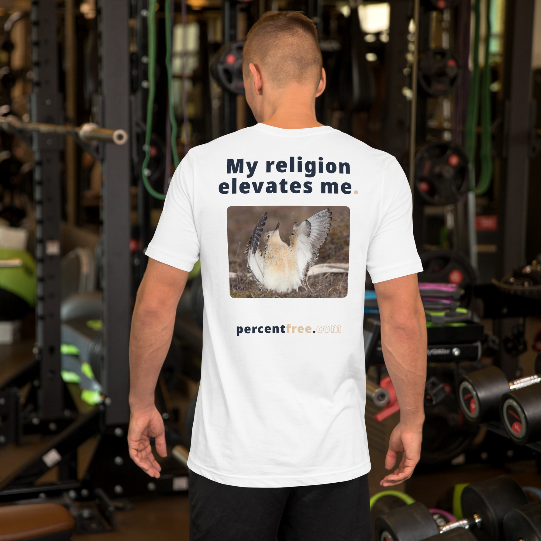 Unisex Front-and-Back Faith T-shirt - My religion elevates me. - buff-breasted sandpiper 