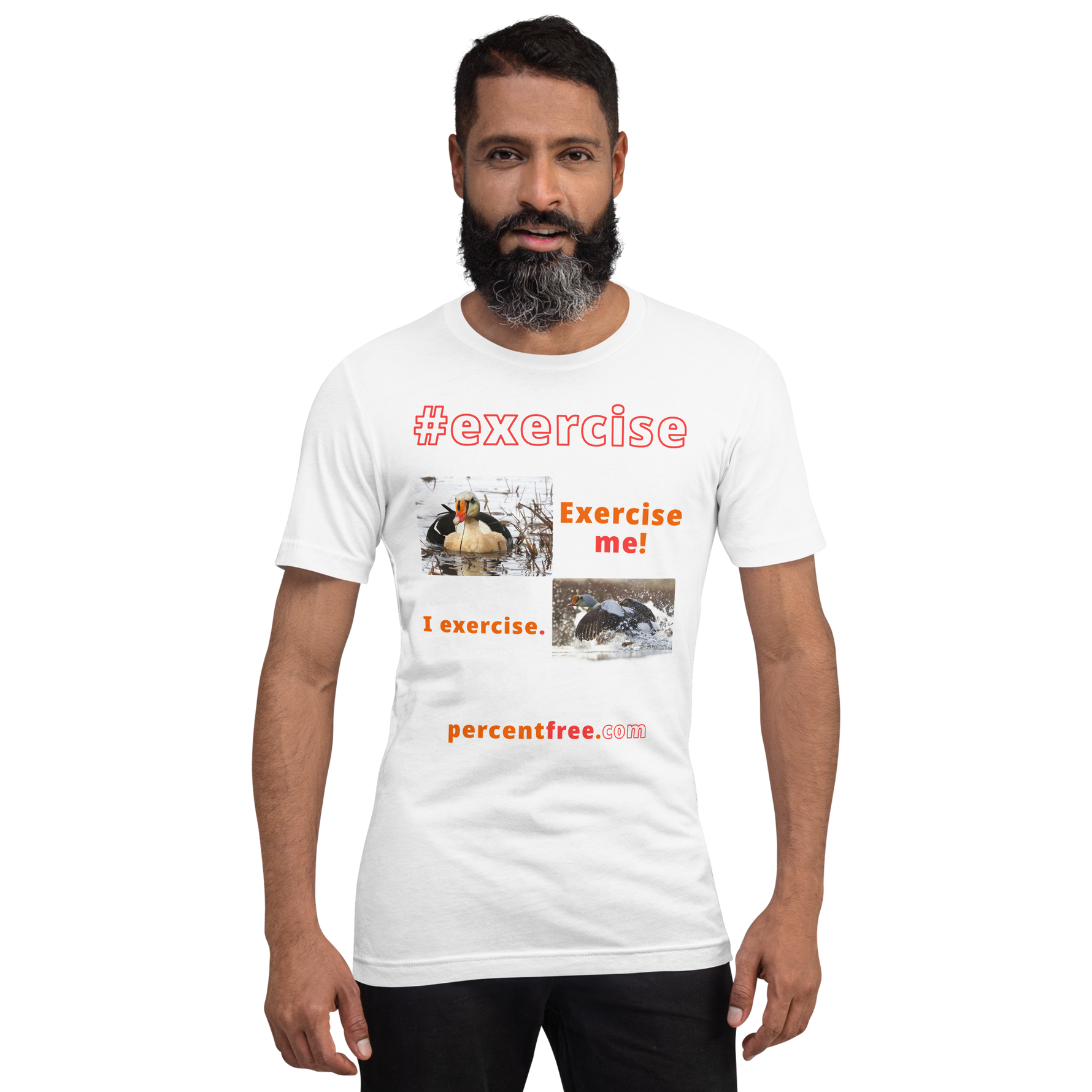 Exercise me! - king eider floating - I exercise. - king eider taking off - unisex freedom T-shirt 