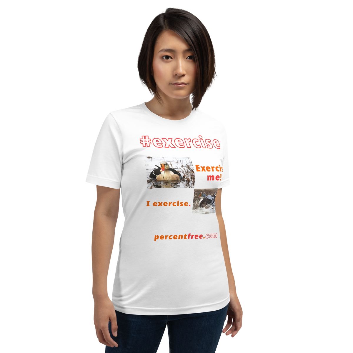 Exercise me! - king eider floating - I exercise. - king eider taking off - unisex freedom T-shirt 