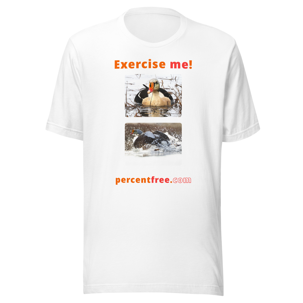 Exercise me! - king eider floating - king eider taking off - unisex freedom T-shirt 