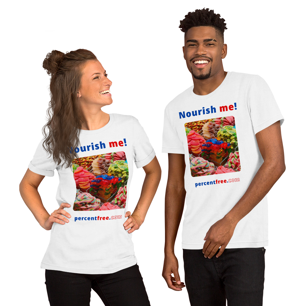Unisex Front-and-Back Healthy Food T-shirt - Nourish me! - gummy bears 