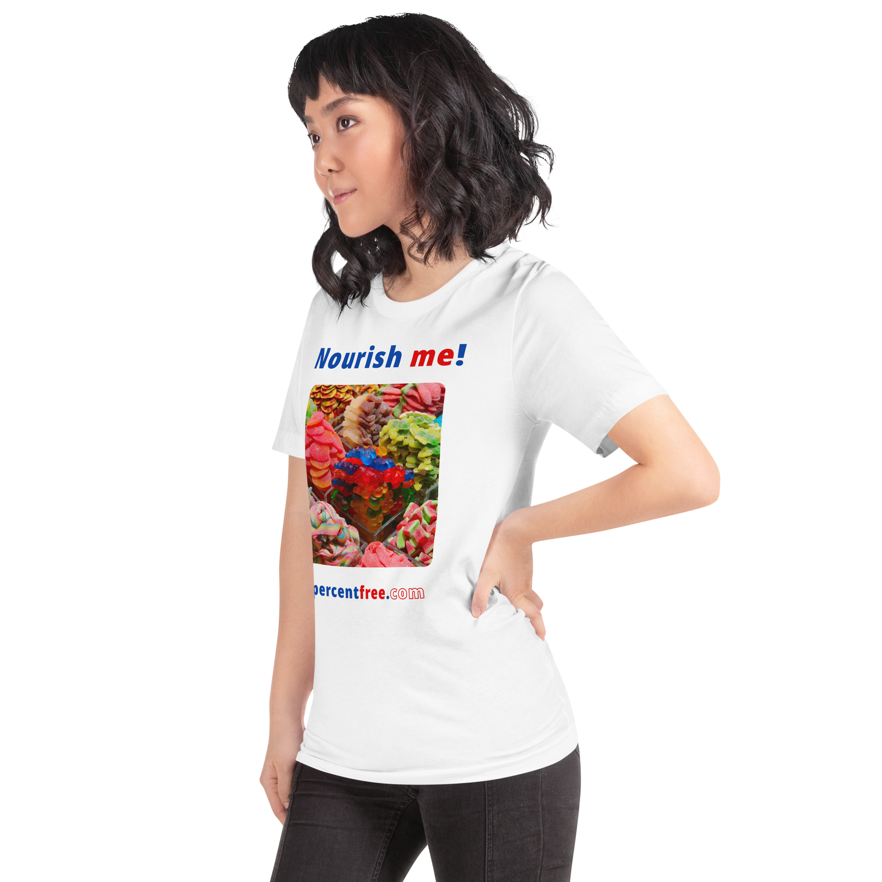 Unisex Front-and-Back Healthy Food T-shirt - Nourish me! - gummy bears 