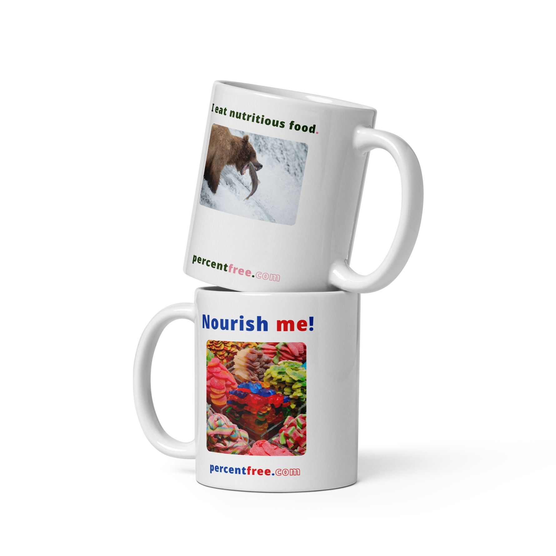 Healthy Food Coffee Mug - Nourish me! - gummy bears - I eat nutritious food. - bear trying to catch a salmon #11-oz