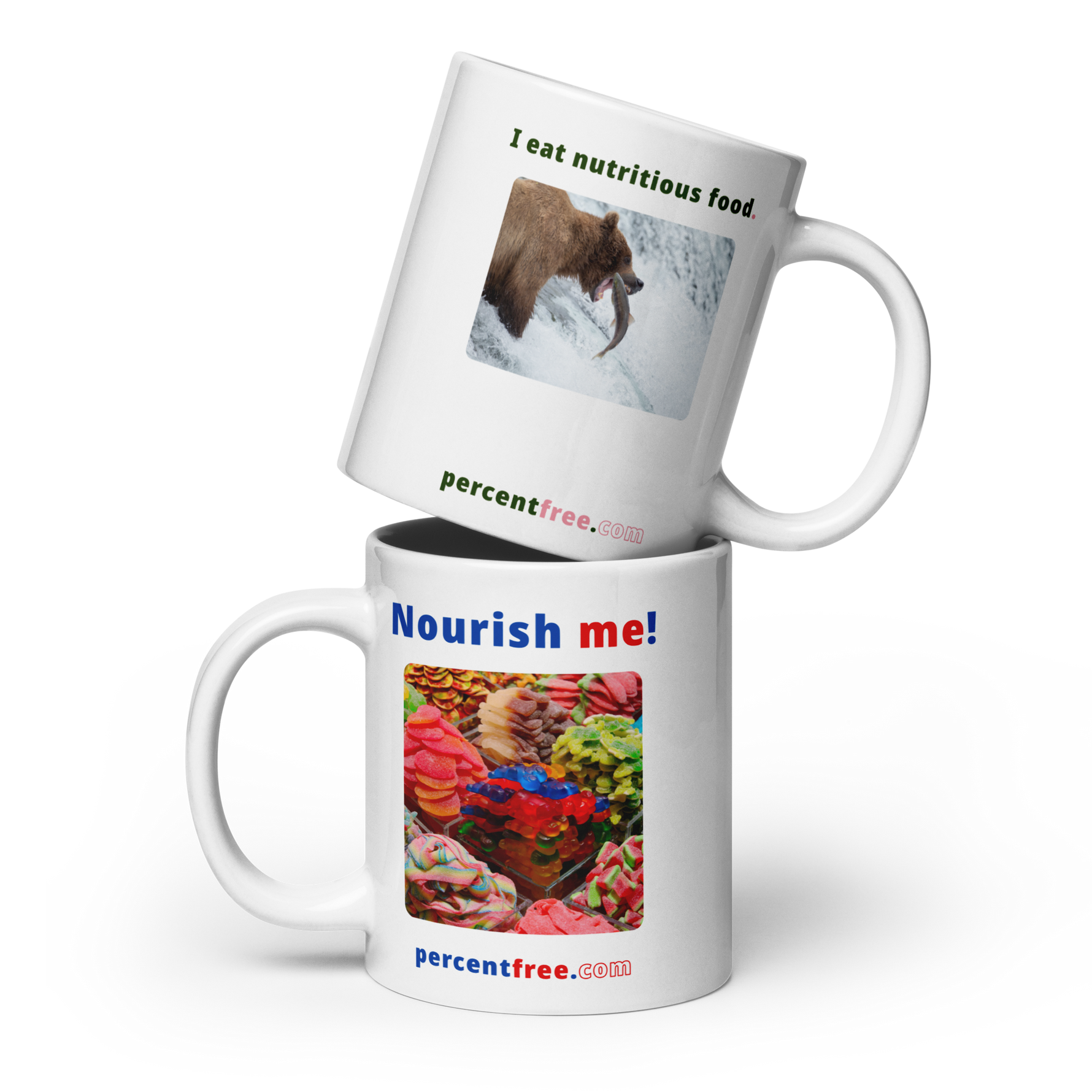 Healthy Food Coffee Mug - Nourish me! - gummy bears - I eat nutritious food. - bear trying to catch a salmon 